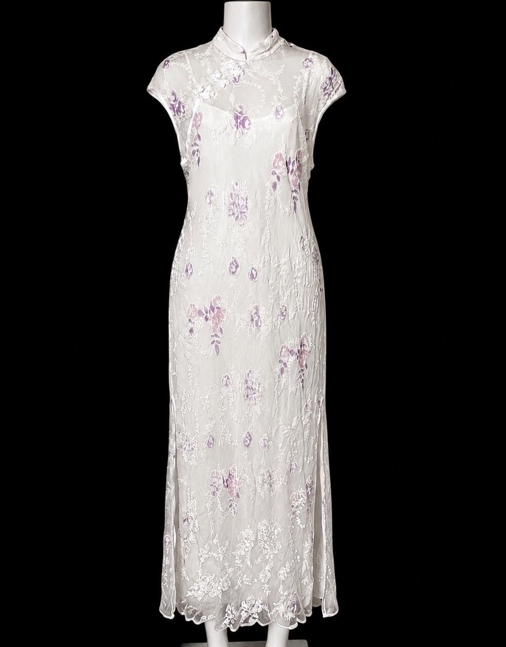 Simply Silk Vintage Silk Floral Burnout Maxi Dress White Pink Mandarin L